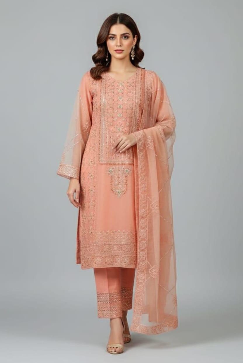 Exquisite Peach Embroidered 3-Piece Ensemble