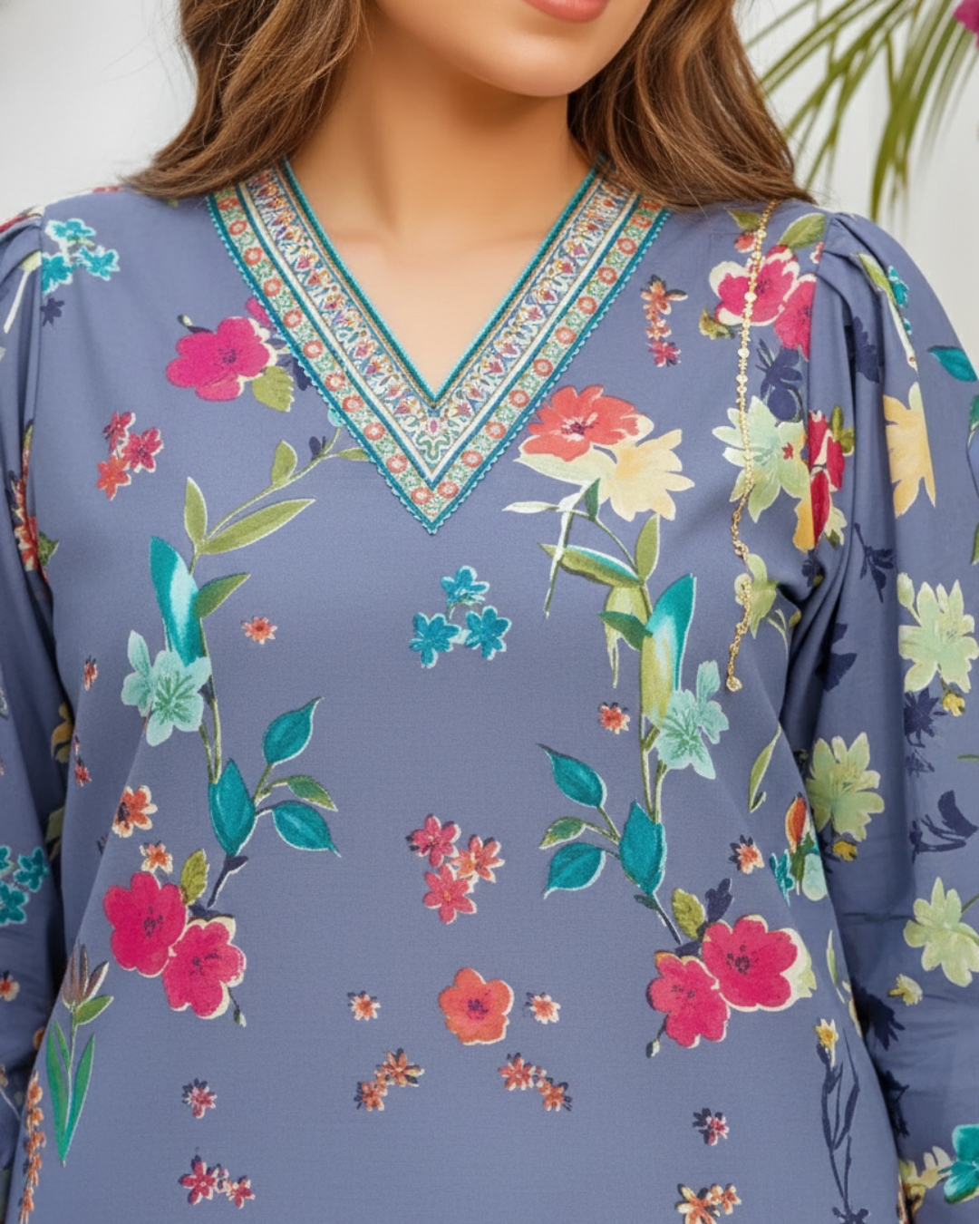 Floral V-Neck Lawn Kurti